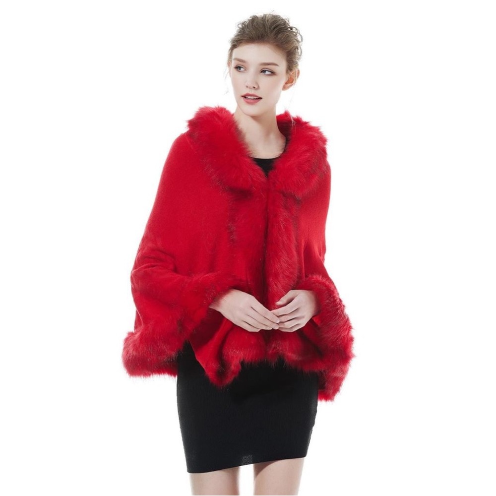 Red Rose print Faux Fur-Trimmed Shawl Wrap Stole Shrug Winter wedding with hooks